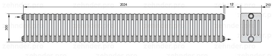 Схема (чертеж) Радиатор Zehnder Charleston 6030/44 №1670 Белый глянцевый RAL 9016